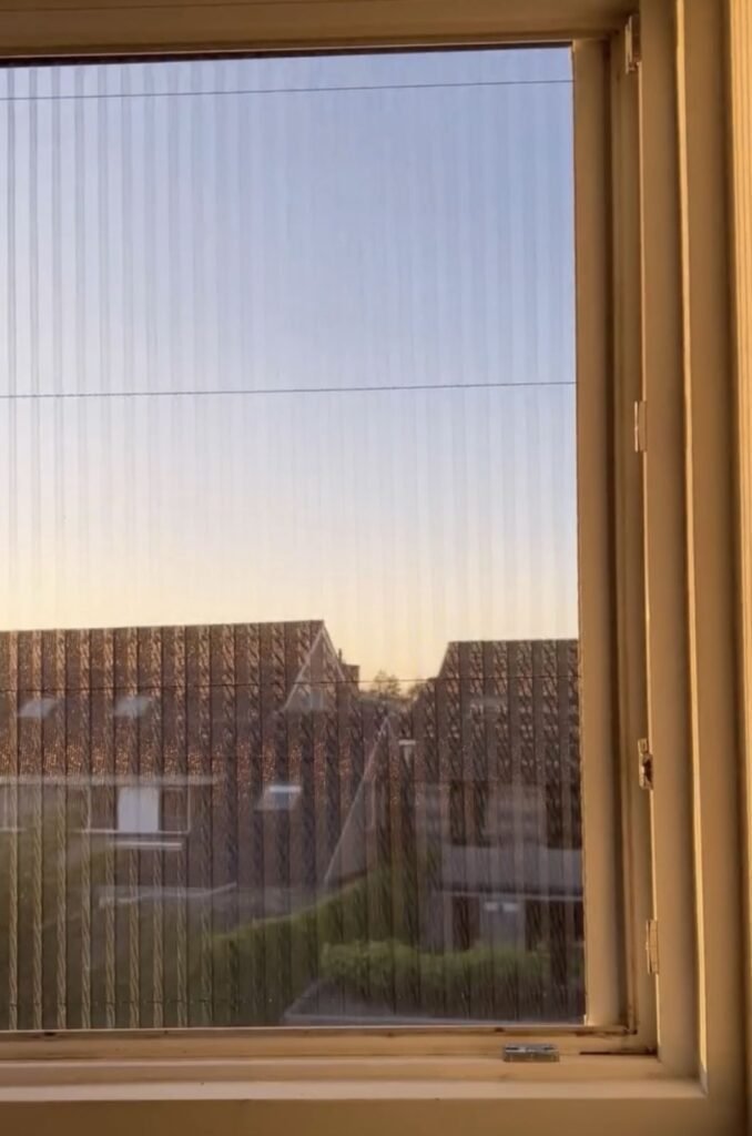 Plissé hor in een raam, gezien van binnen